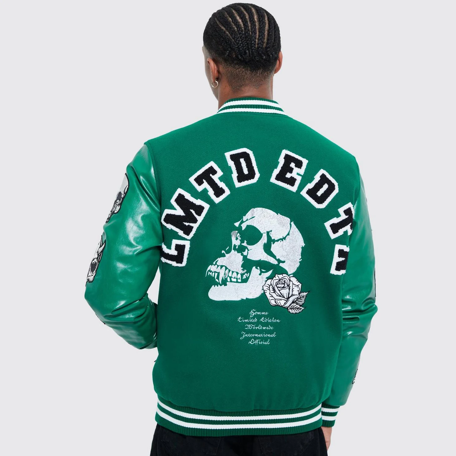 new arrival college varsity jacket green logo pu leather bomber varsity jacket for men