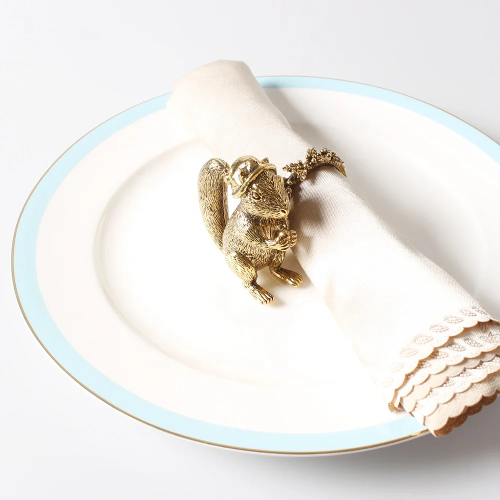 Christmas Antique Gold Metal Animal Squirrel Napkin Rings For Table Decoration