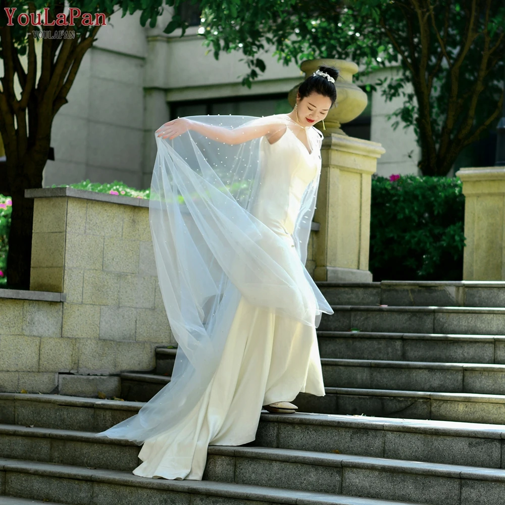 YouLaPan VG17 Hot Selling Bridal Wedding Dress Cape Long Pearl Soft Tulle Wrap Shawl Women Evening Party Dress Shoulder Cover