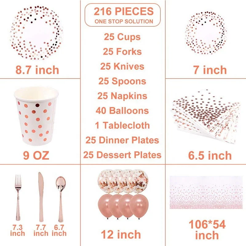 RUI YI 216 PCS 25 Guests Elegant Rose Gold Paper Plates Rose Gold Party Plates party dinnerware set