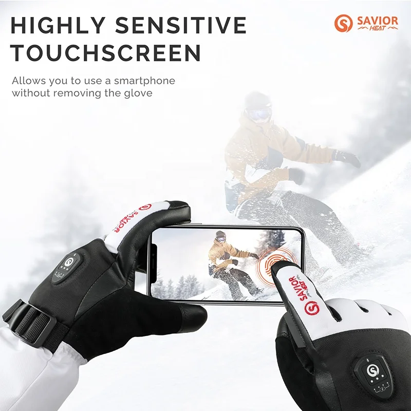 SAVIOR High Quality Goat Leather Waterproof 7.4V 3000mAh Rechargeable Battery Winter Touch Screen Heated Ski Leather Gloves Men