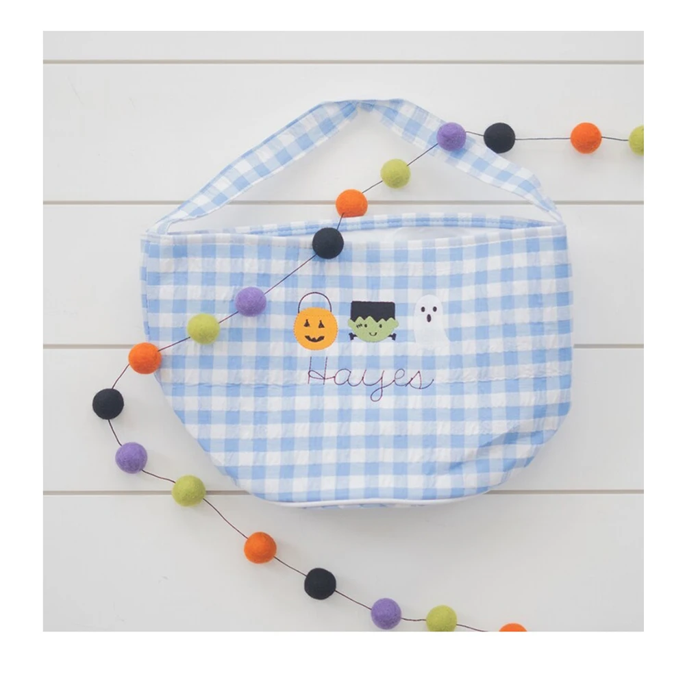 Trick or Treat Kids Tote Candy Bags Basket Pumpkin Ghost Embroidered Blank Gingham Halloween Bucket