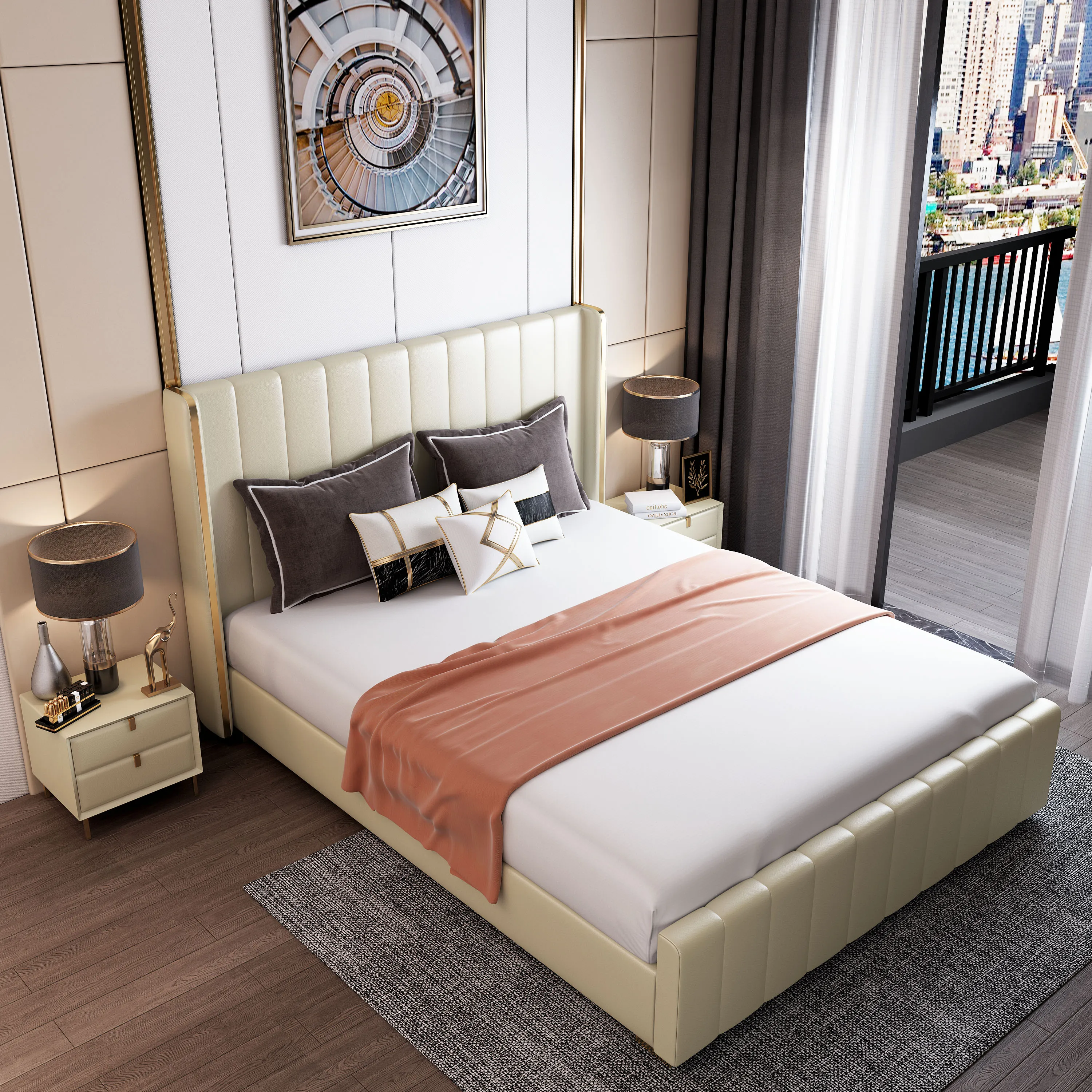 Hot Sale Factory Price Box Bed Wood Nordic Genuine Leather Beds Luxury Modern Beds With Storage