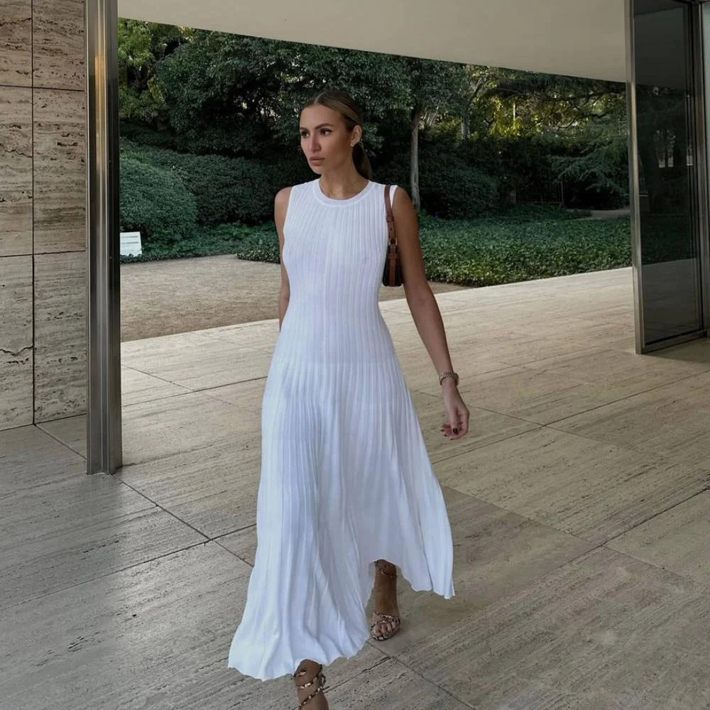New Custom Cashmere Wool Sleeveless Knitted Dress Casual Round Neck Big Pit Strips Thin Design Knitted Maxi Dress for Woman