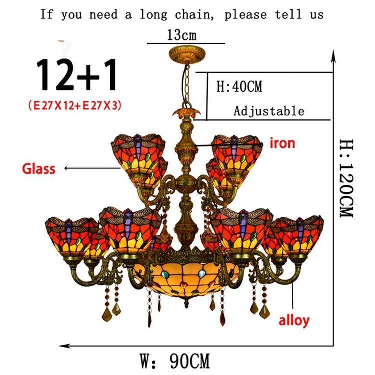Tiffany red Dragonfly Chandelier Vintage Handmade Stained Glass Pendant Lamp Retro Multi-Head Chandelier for Living Room hall
