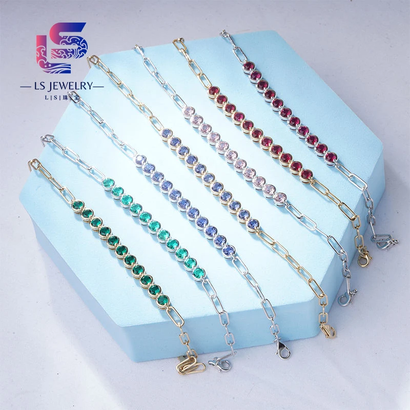 14k Solid Gold Wholesale  Round Shape Lab Grown Gemstone Luxury Engagement Jewelry Emerald Ruby Alexandrite Bracelet