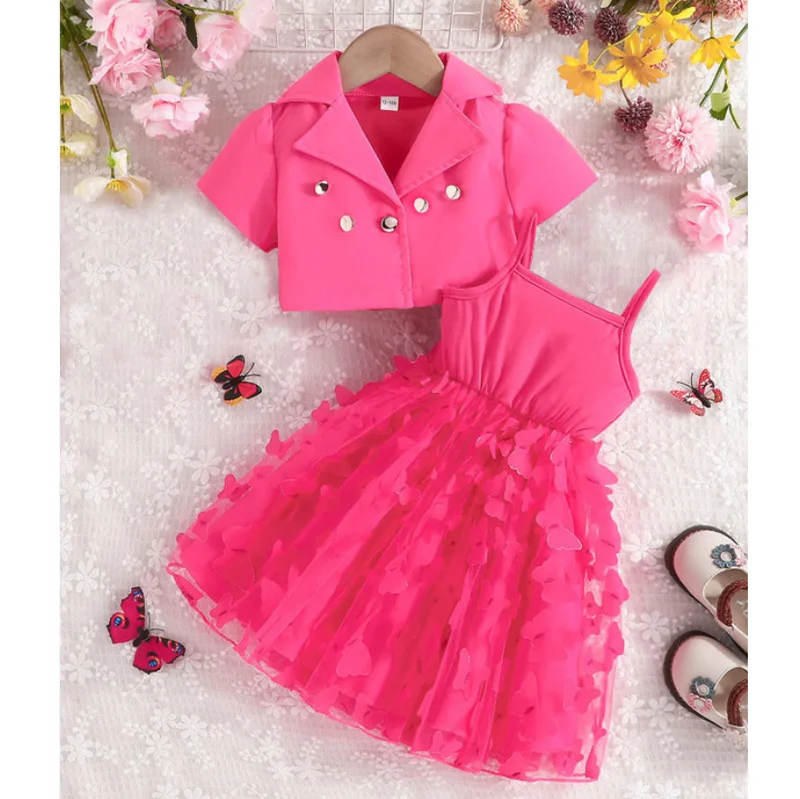 Fashion Children Clothing Suit Short Sleeve Skirts Strap Sleeve Two Pieces Sets Girls Clothes for Summer