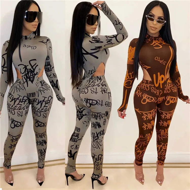  2021 Online hot sale fashion high collar long sleeve letter print bodysuit jumpsuits pencil pant two piece set women
