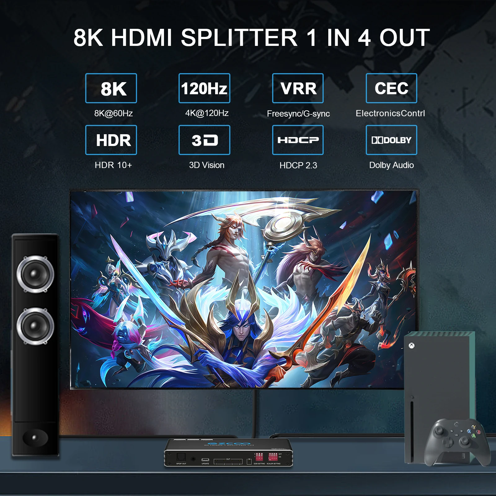 4K 120Hz HD-MI Splitter 1X4 prot Audio Extractor VRR ALLM HDCP2.3 HDR10+CEC SPDIF Optical 5.1CH Audio EDID Scaler