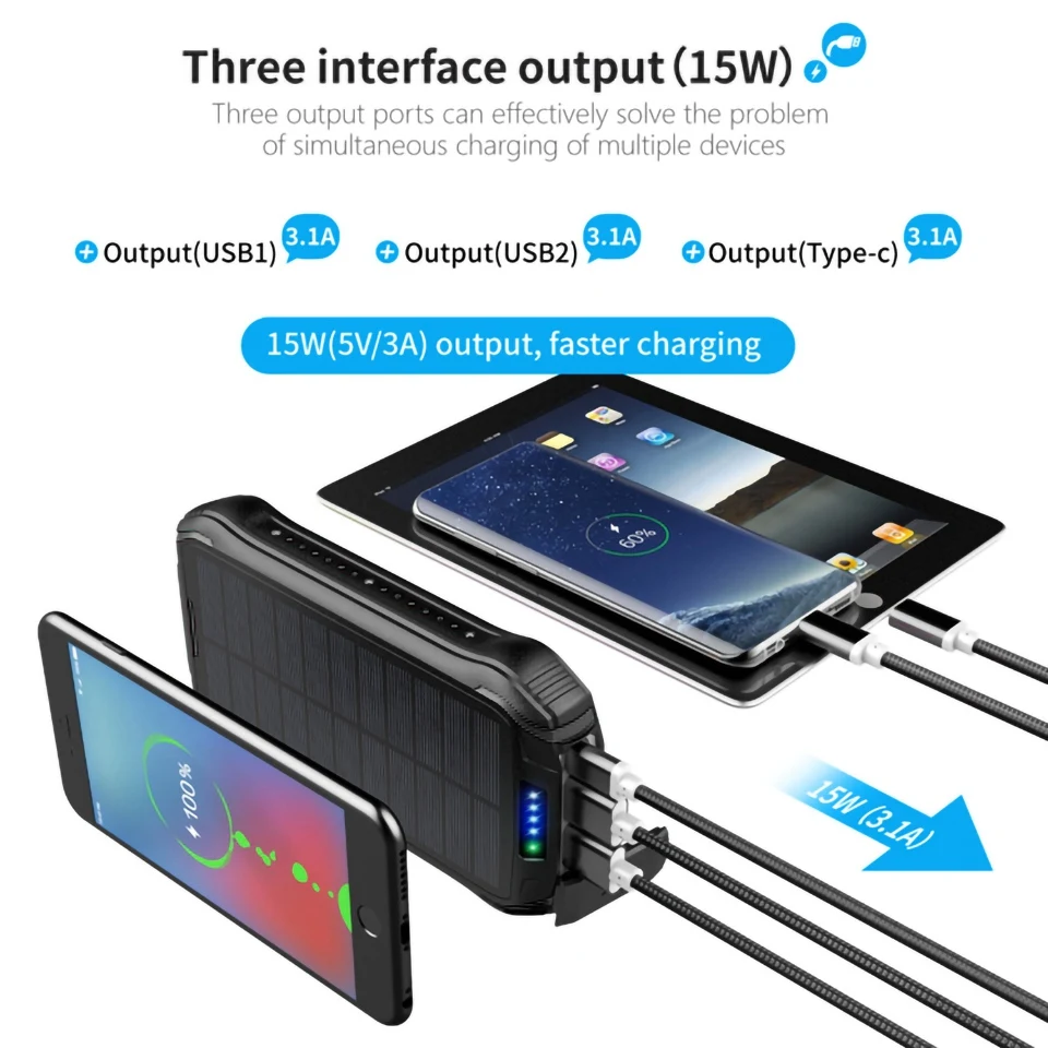 2023 New IP65 Waterproof Power Bank 20000mAh Wireless Dual USB Solar Power Bank