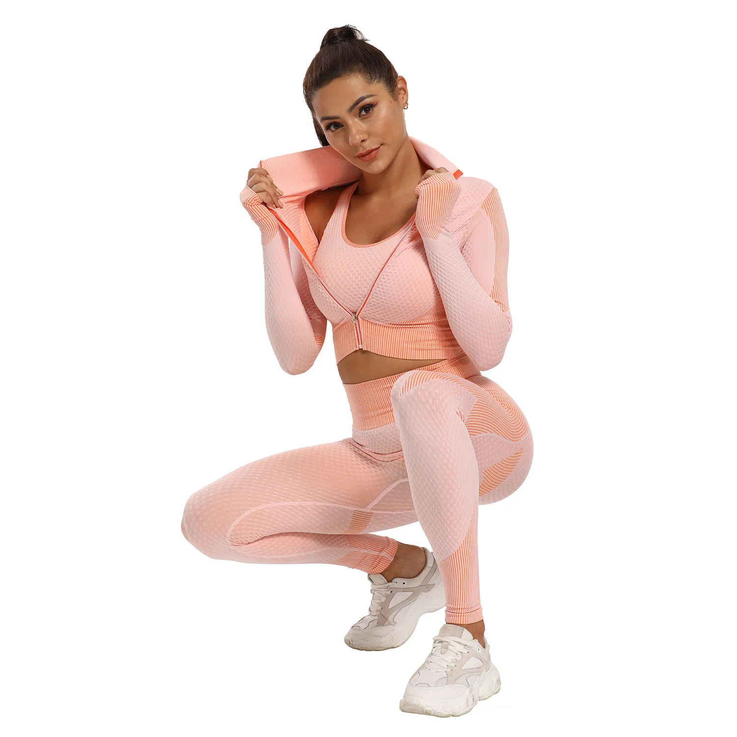 Three-piece Hot Buy High Elastic Long-sleeve Zipper Windproof Tight Seamless Sweat Sports Workout Bra Yoga Pants