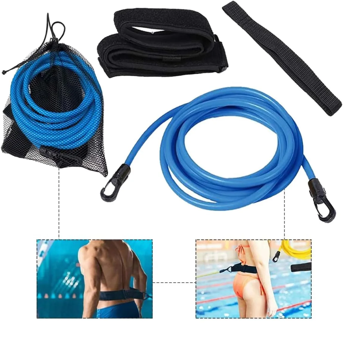 Factory customize swim trainer resistance bands elastic rope swim bungee cords swimming tether resistance rubber tubing belt