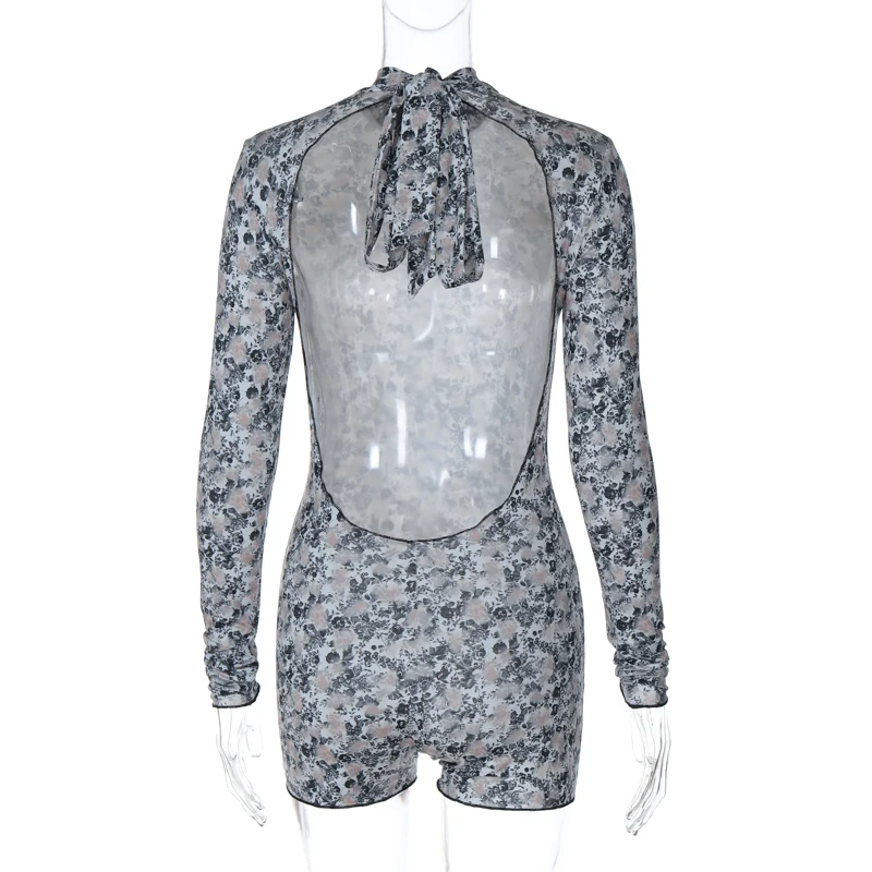 Club Wear Long Sleeve Bodycon One Piece Lace Up Hollow Out Open Back Short Floral Printed Sexy Backless Jumpsuit Women