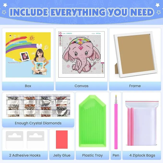 Diamond Art Painting Kits for Kids with Frame,5D Cartoon Elephant Diamond Art for Kids Ages 4-8-12 Crafts for Gift