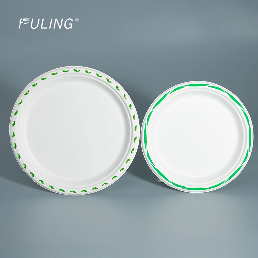 FULING Eco friendly Disposable Biodegradable Sugarcane Bagasse Tableware Compostable Pulp Round Paper Plate