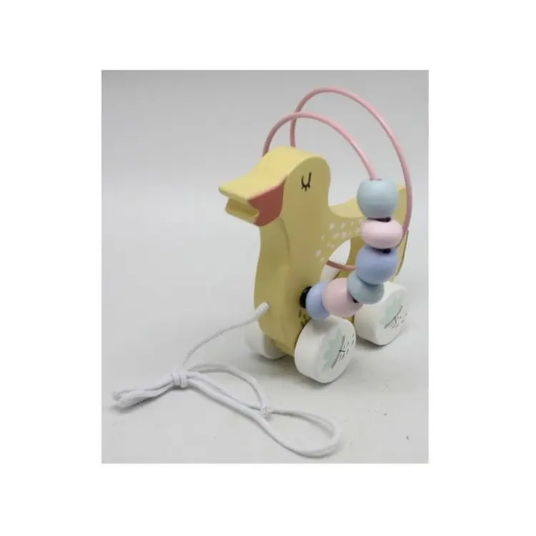 New Arrival Educational Toys Wooden Animal Yellow Duck Shape Wooden Kids Bead Maze Roller Coaster Walk Along Pull Toys