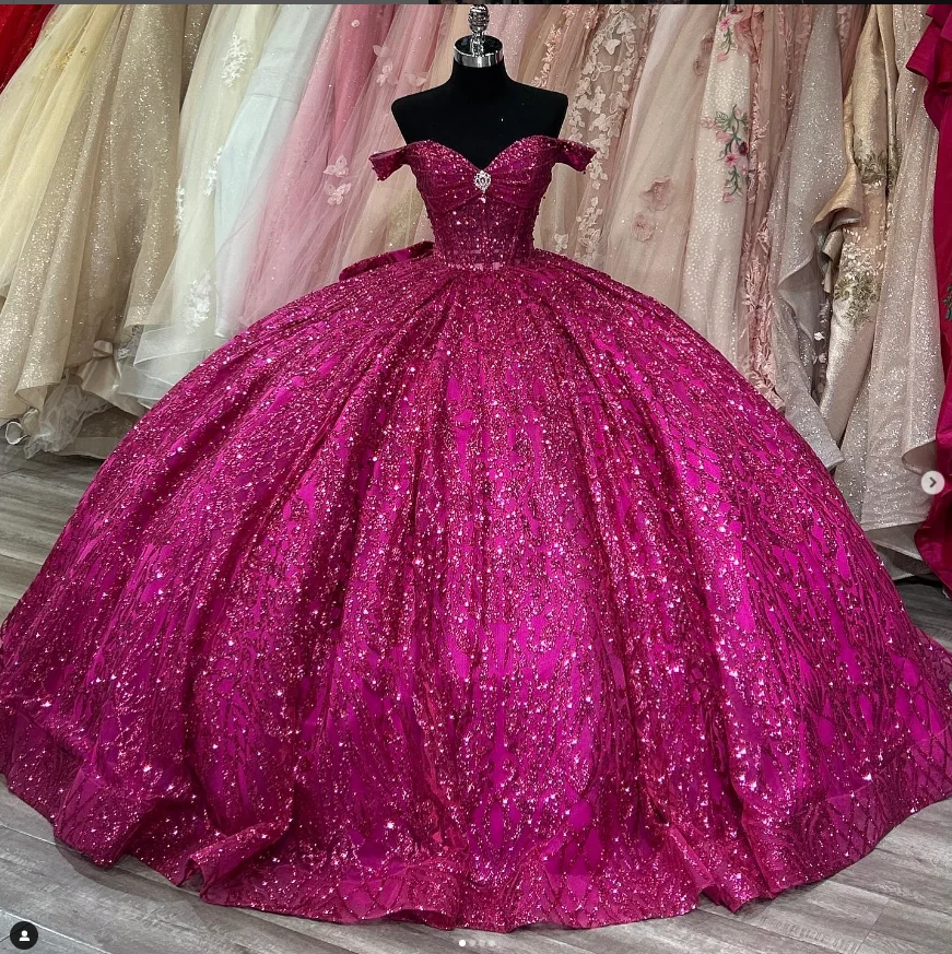 Ruolai WTH049 элегантное платье с блестками цвета фуксии бальное открытыми плечами расшитое бисером Тюлевое корсет Vestidos 15 De XV Anos