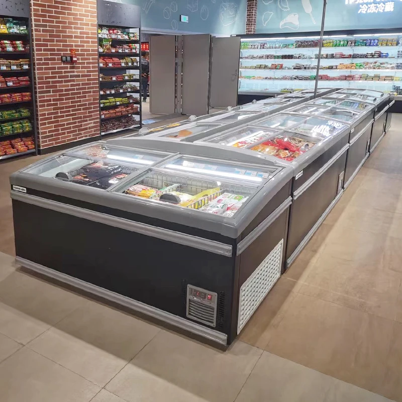 Supermarket refrigeration equipment large capacity meat display sliding glass door chest island freezer
