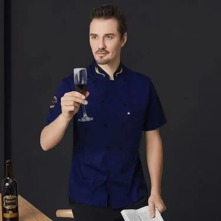 blue long short sleeves Royal collar Chef Coat with aprons