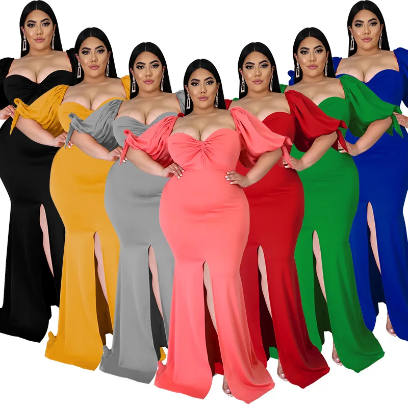 new product 2022 popular wholesale plus size womens boutique Willow Leaf Puff Sleeve Slit Big Hem Fashion Dress