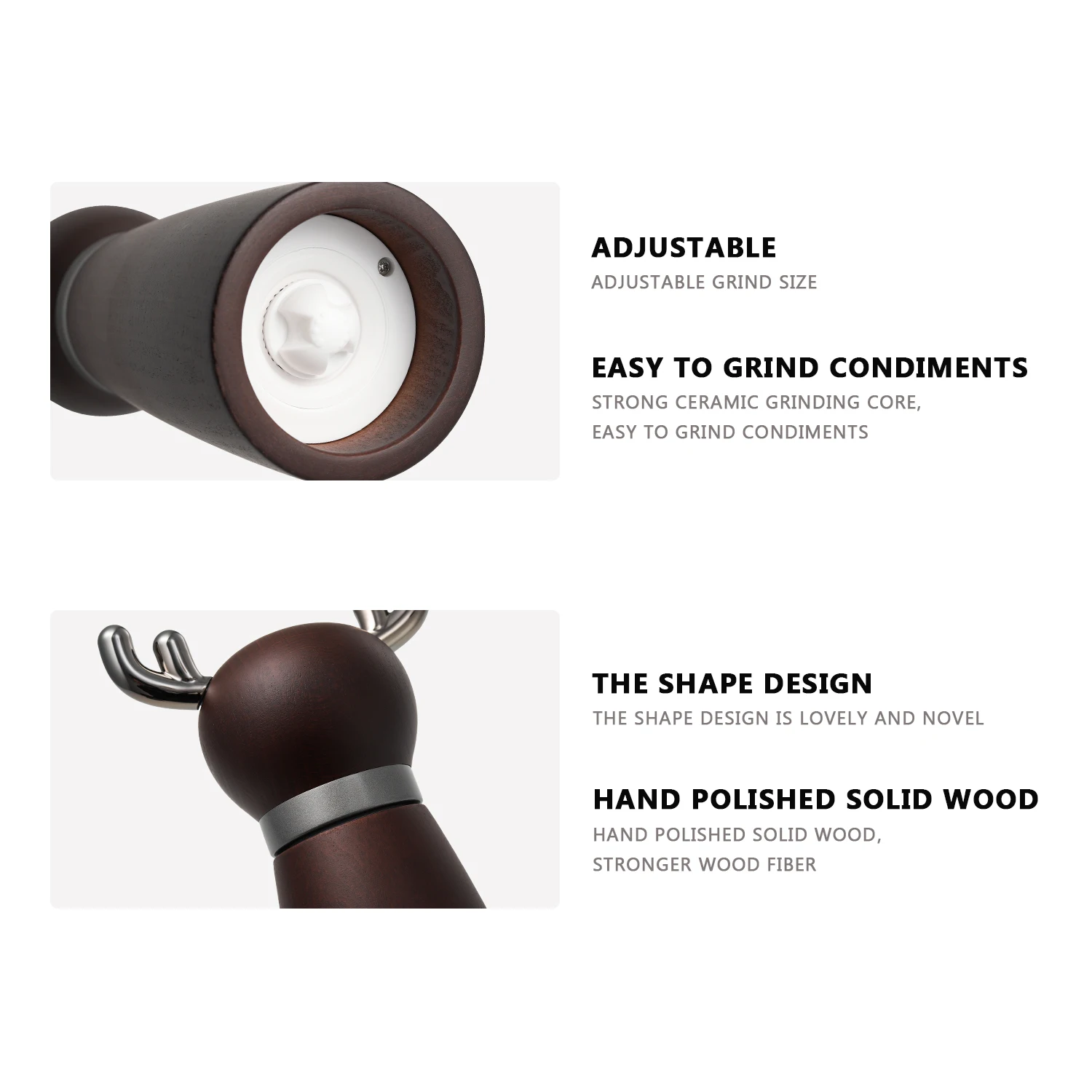 Deer Shape Pepper and Spice Mill High Grade Gifts Beech Wood Ceramic Core Slatunique Design Manual Salt and Pepper Grinder