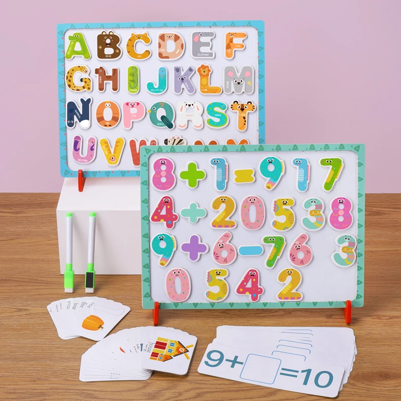 Kids Wooden Magnetic Letters Numbers Toys Alphabet Word Cards Spelling Drawing Game Learning Educational Math Toys for Toddler