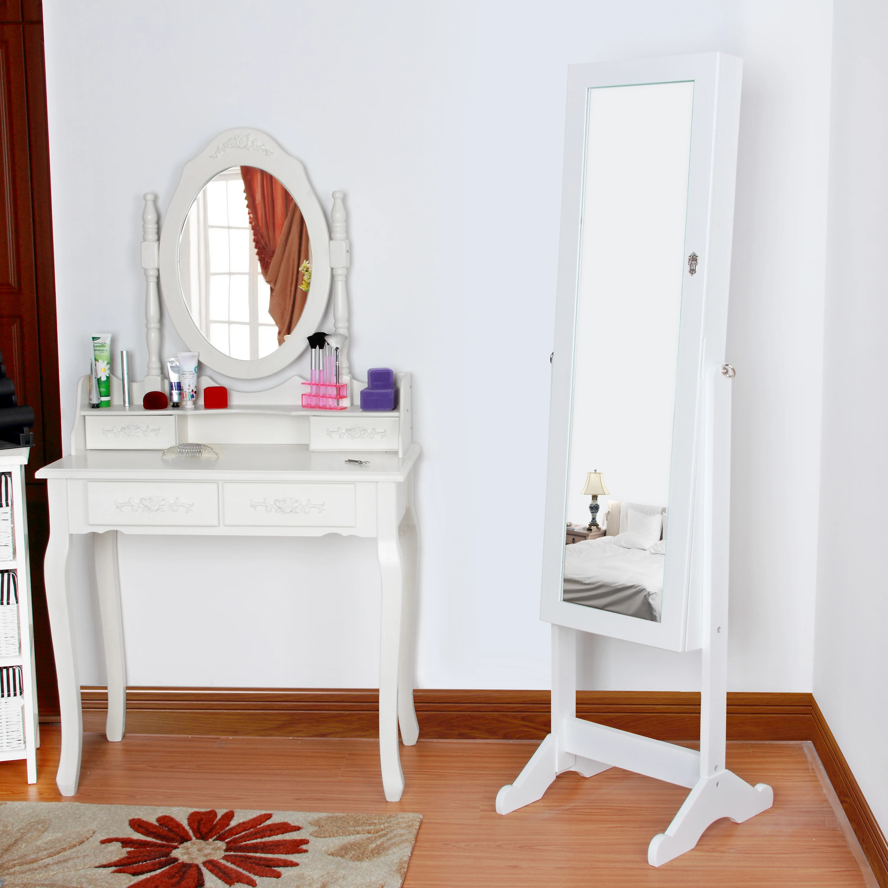 Flat angle MDF wood floor standing Jewelry cabinet mirror full-length mirror with storage box  white black with LED LIGHTING
