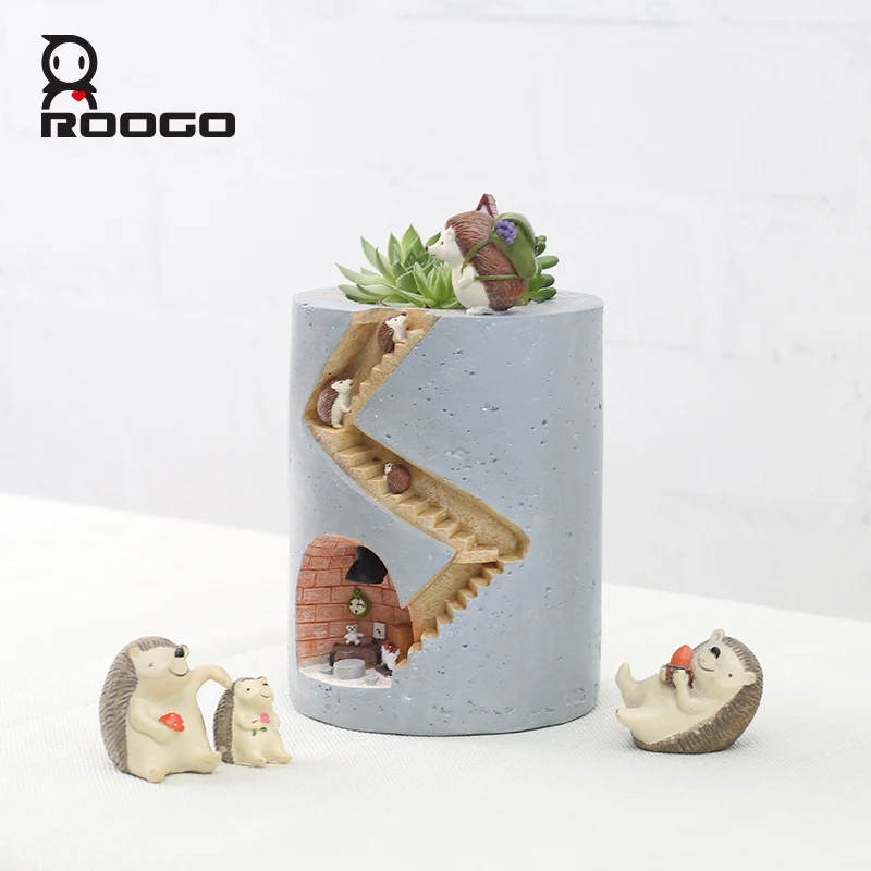 ROOGO Fairy Garden Unique Imitation Concrete Resin Plant Holder Small Planter Succulent Bonsai Pots Pen Holder Kids Gifts