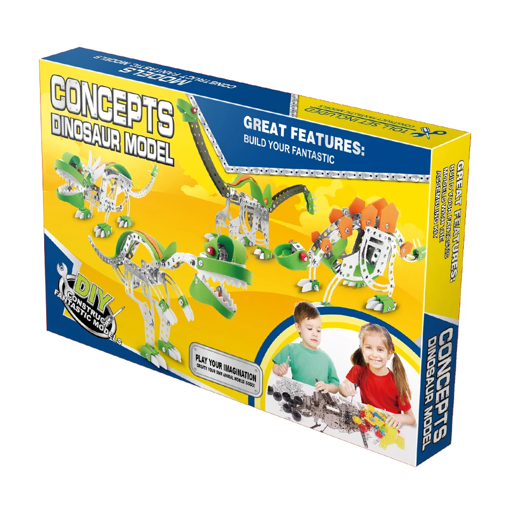 Kids educational building block stem diy metal 3d puzzle dinosaur concept model toy