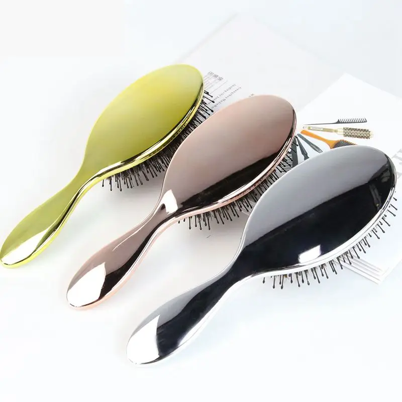 Luxury Rose Gold Silver Color Boar Bristle Paddle Oval Hair Brush Anti Static Hair Massage Hair Extension Brush