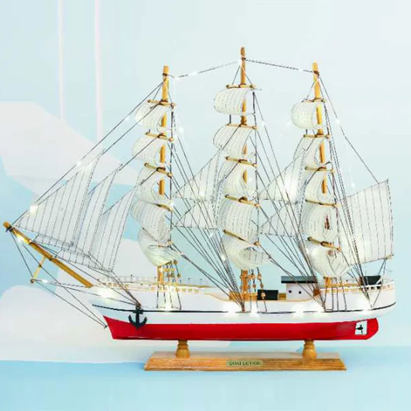 60cm Beach Mediterranean Nautical Home Desk Decor Wood Crafts Wooden Sailboat Boat Sail Ship Model with Lamp
