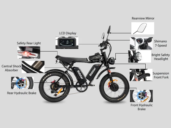 2000W Electric Bike Adults 20' City Ebike High-Speed 7 Speed Electronic Double Battery 7 Speed Electronic Fat Lithium Battery