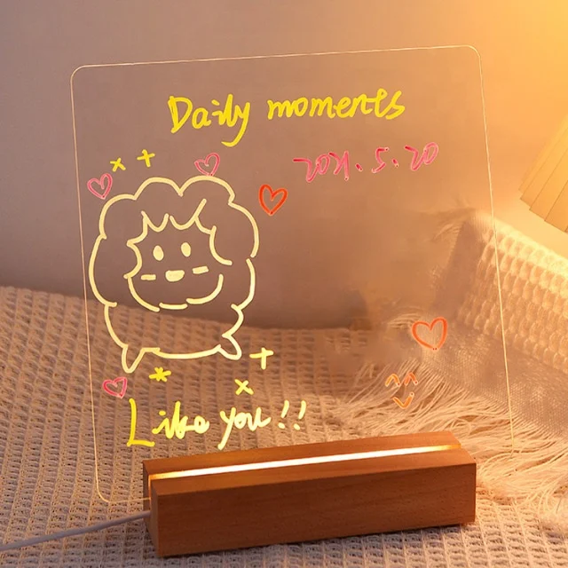 Usb Message Board Light with Pen Creative LED Night Light High Transparent Acrylic Message Board Holiday Light with Base