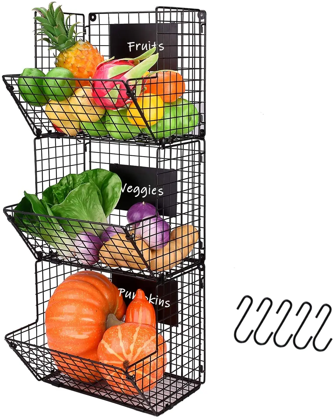 Metal Wire Basket Wall Mount 3 Tier Wall Storage Basket Organizer with Hanging Hooks Chalkboards Rustic Fruit Produce Bin Rack