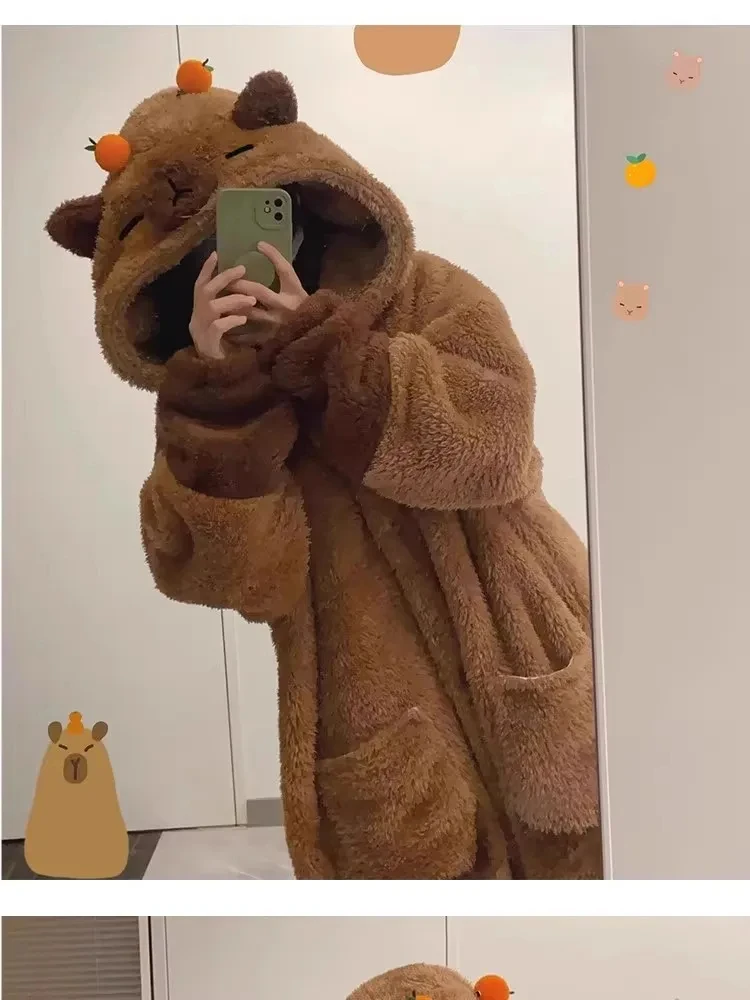 RuunJoy Cute Capybara Winter Pajamas Cartoon Animal Soft Plush Jumpsuit For Adults Kawaii Velvet Robe Home Clothes Set Gift