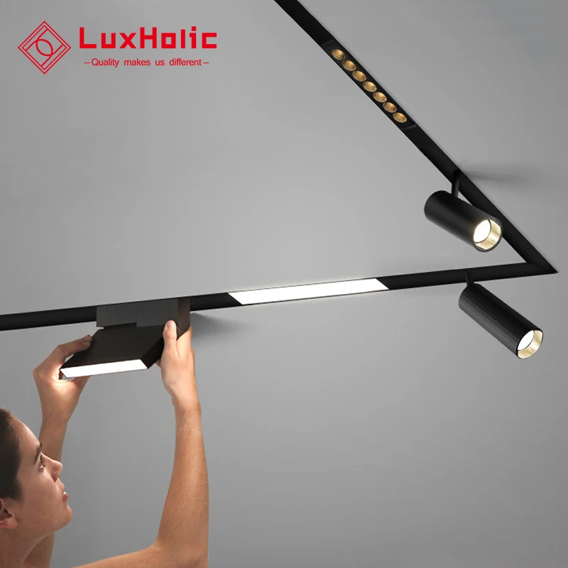 LuxHolic Smart 48V Aluminium LED Linear Track Spot Lighting System Magnet Rail Tuya Wifi Magnetic Track Light