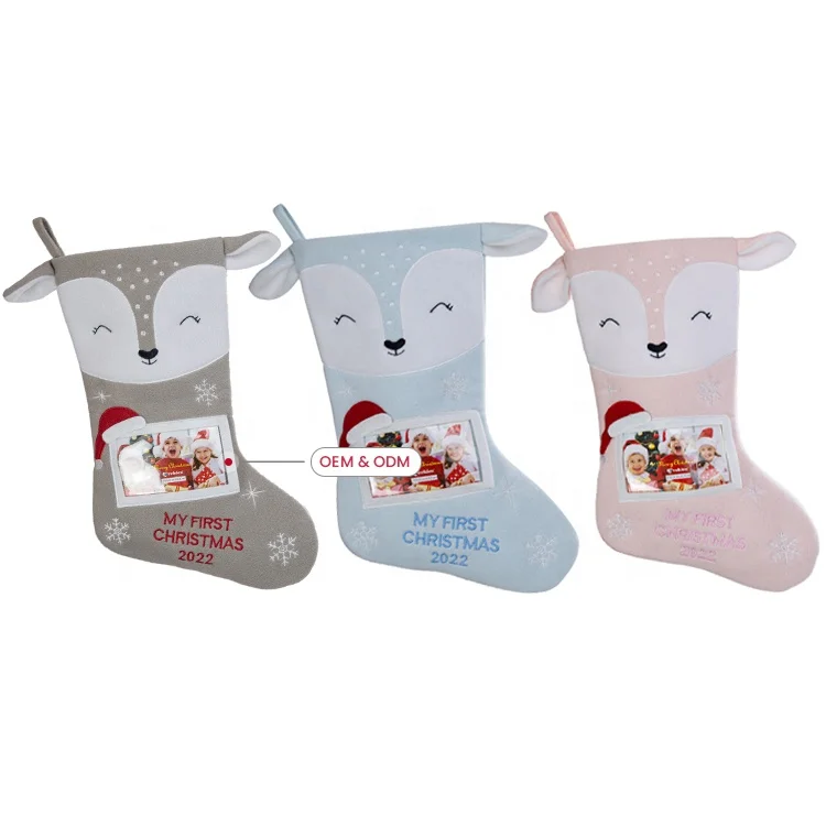 Home Decoration Grey Blue Pink Fox Embroidered Snowflake Christmas Stocking with Hanging Hook