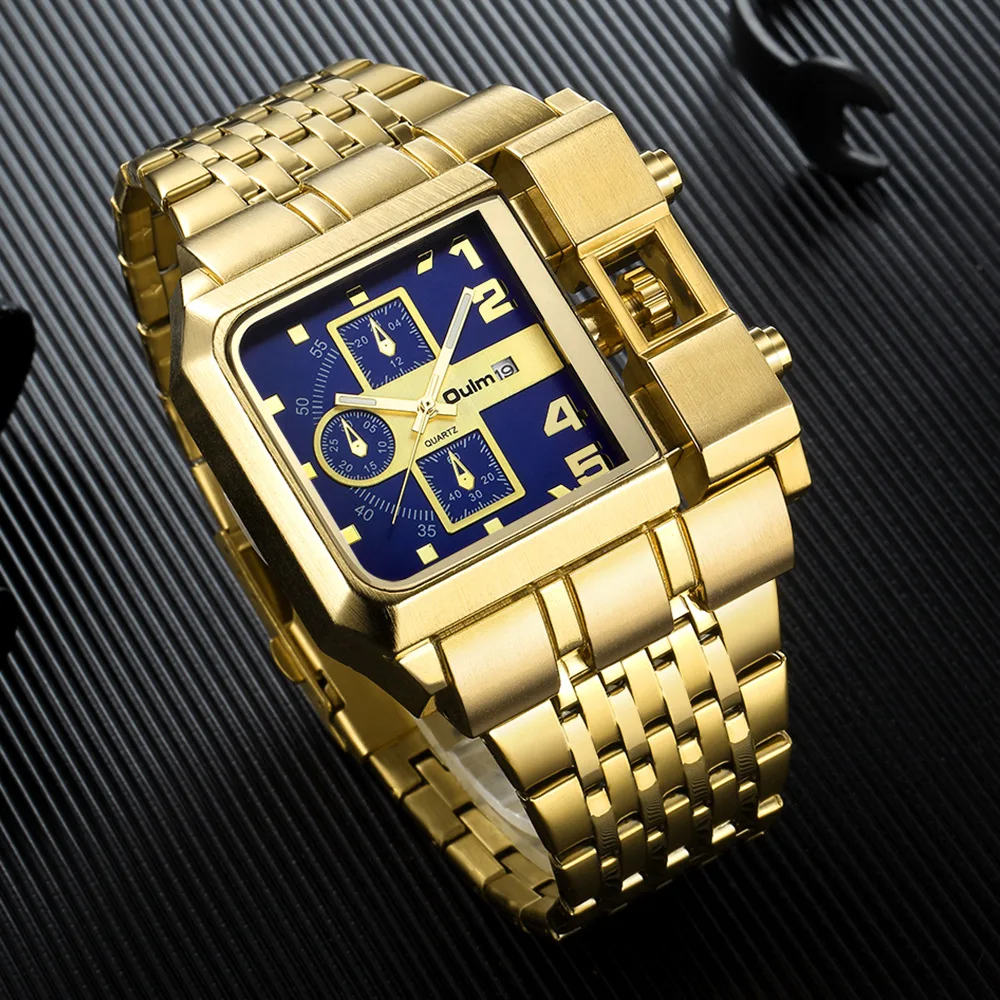 Oulm Hp3364B Large Dial Military Luxury Mens Style Casual Luminous Multifunction Alloy Quartz Square Gold Watches