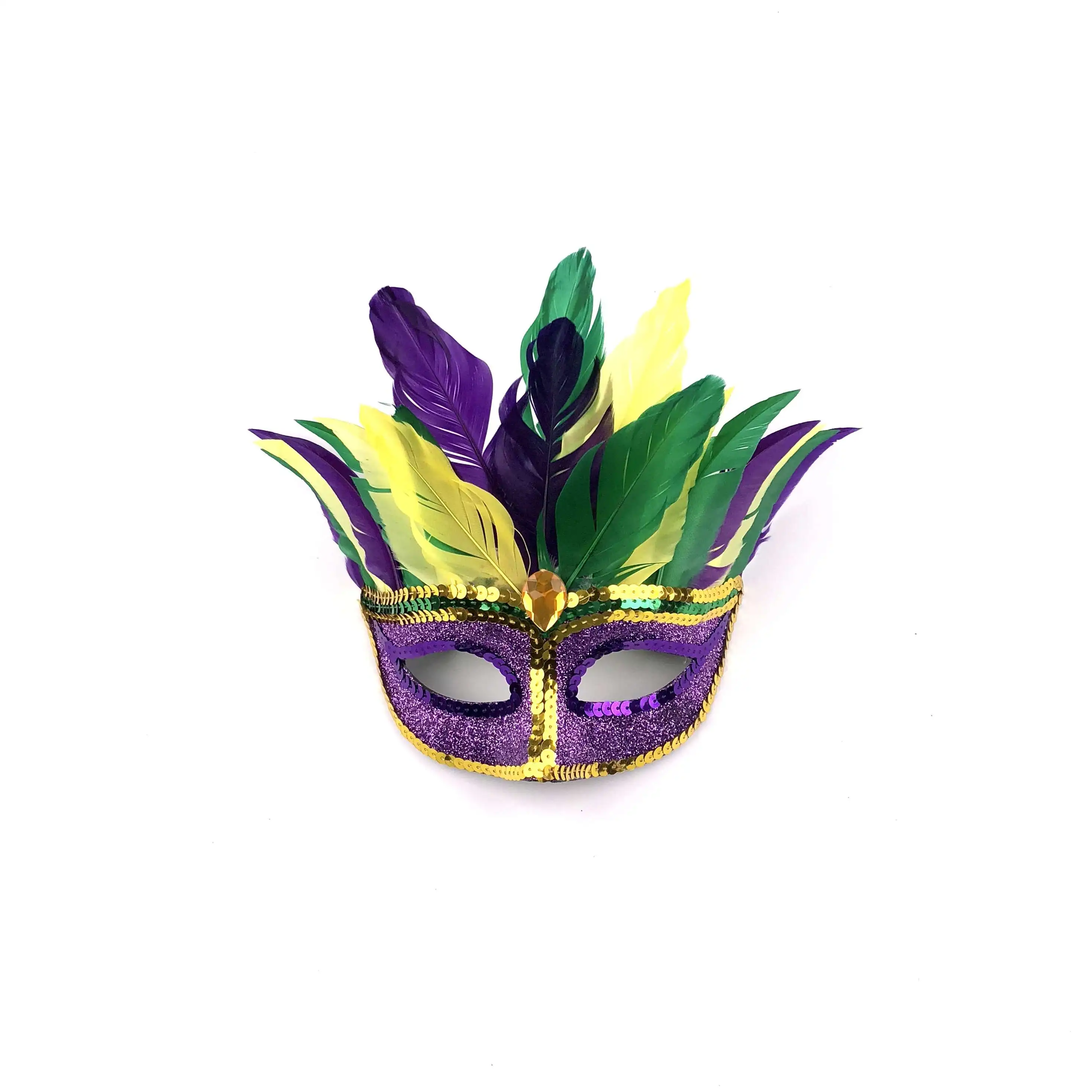 Carnival Party Parades Fluffy Feather Mask Mardi Gras Queen Mask Parade Masque Feather Leather Sequins Facial Mask