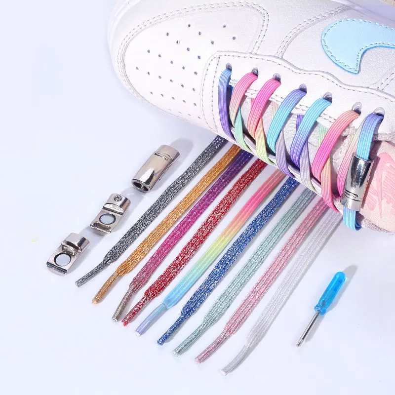Wholesale Colorful Lazy Shoelaces Magnetic Buckles Elastic Bands Shoe Decorative Rainbow Multicolored Shiny Shoelace Bootlace