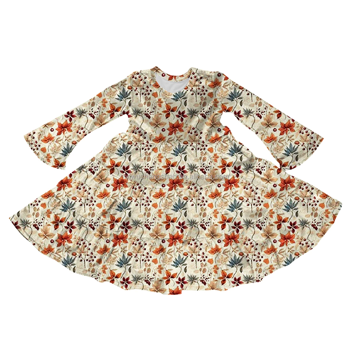 Autumn Long Flared Sleeve Kids Velvet Dress Custom Pumpkin Floral Design Baby Girls Twirl Dresses