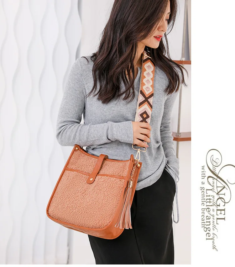 2022 Winter Sherpa Cozy Fuzzy Sling Bag Personalized Square Vegan Leather Hobo Handbags Women Fashion Shoulder Crossbody Bag