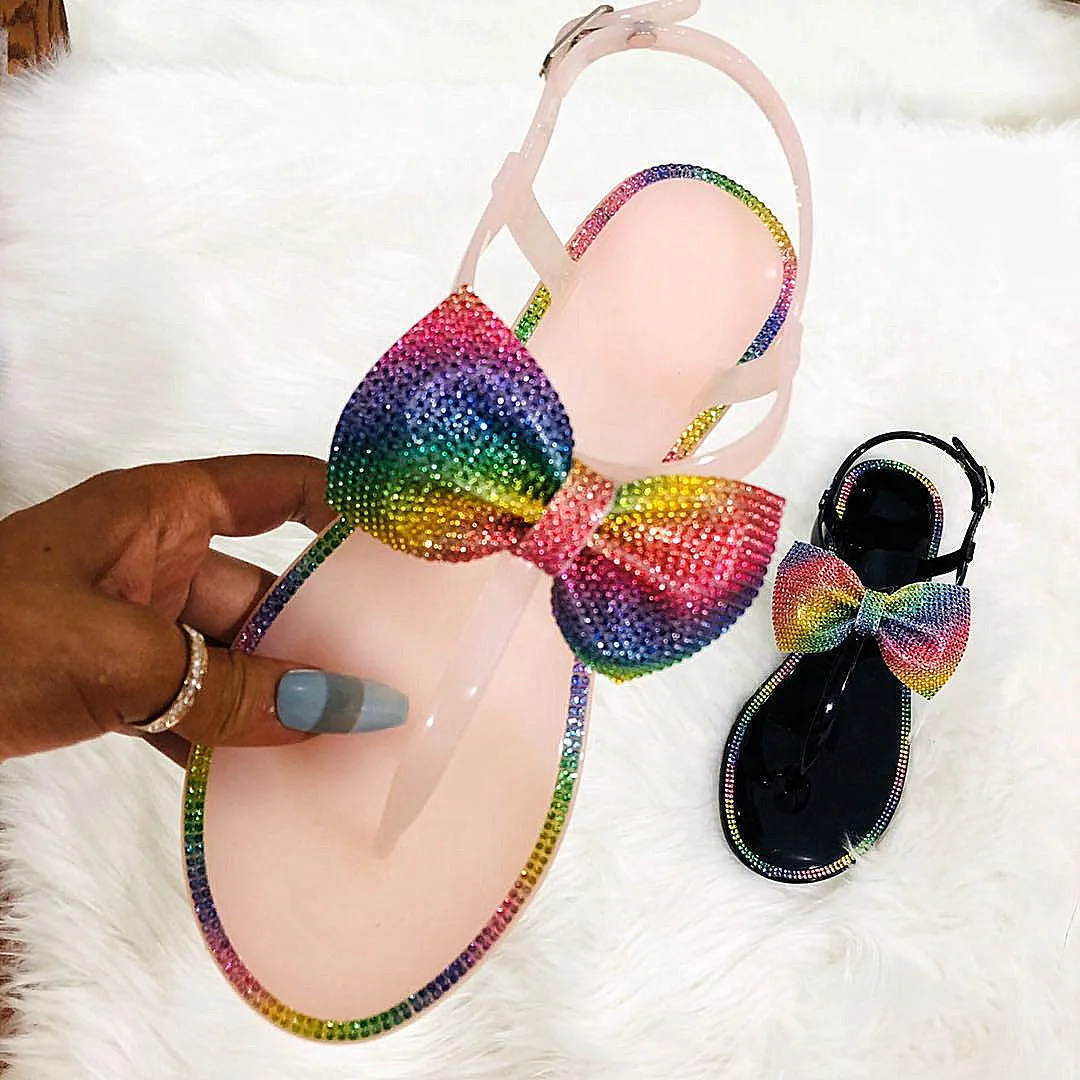 woman flip flops bling shoes china comfortable bow slip on ankle strap flats sandals for womens