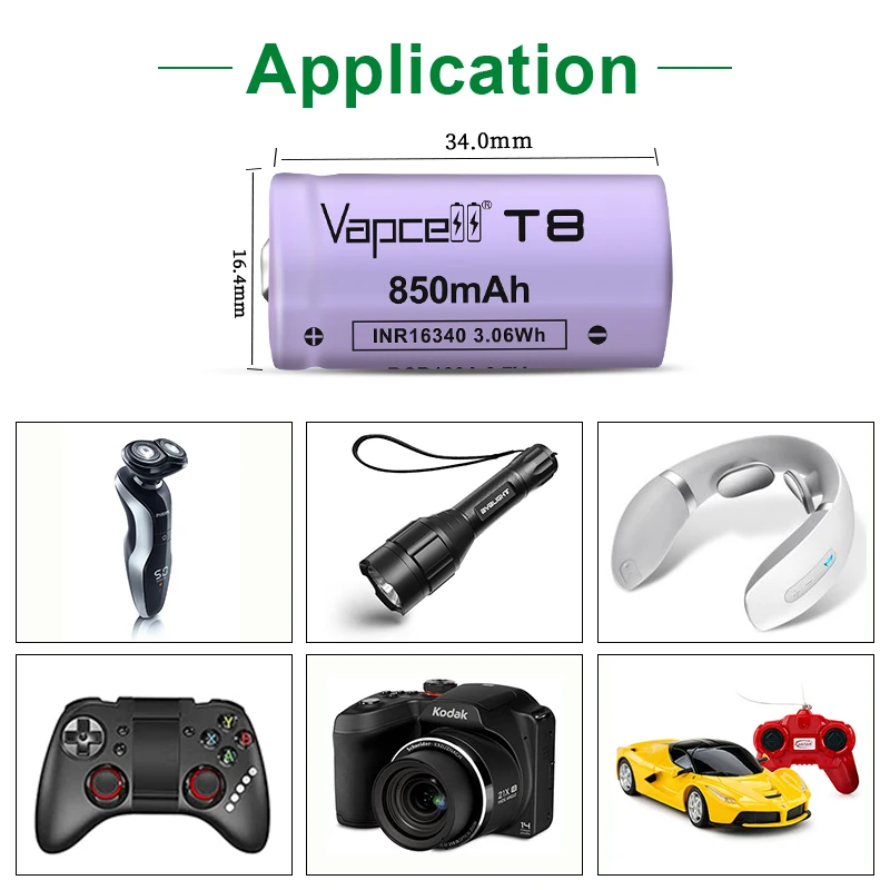 Аккумуляторные литий-ионные батарейки Vapcell T8 850 мАч 3 А INR16340 высокого качества для