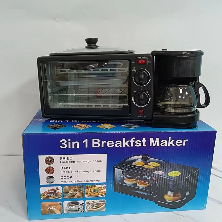 Multifunction Breakfast Maker Plastic Black 3 in 1 coffee maker frying pan toaster oven