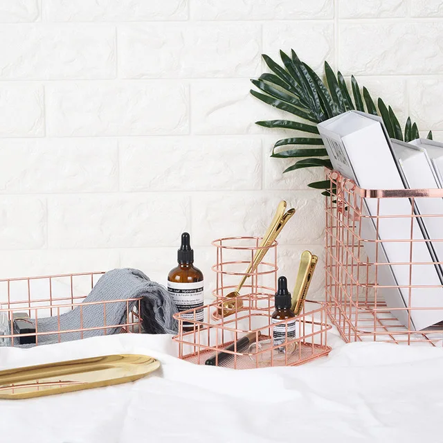 Rose Gold Wrought Iron Desktop Cosmetics Sundries Metal Jewelry Storage Basket Mesh Brush Bucket Pen Holder