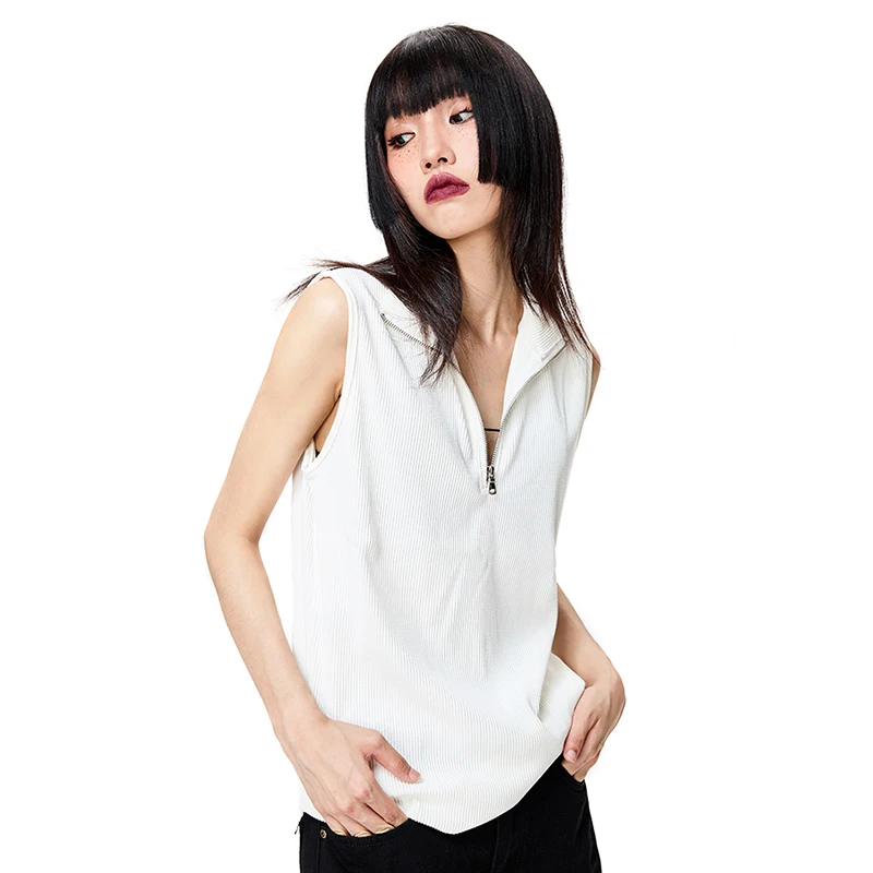customized Your logo High Quality designer fashion front Zipper  Cotton Top Ribbed Knit Womens black Sleeveless vest