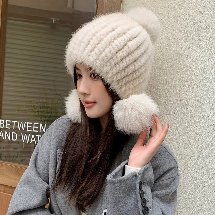 manufactures Winter knitted beanie With Fox Pompom Warm blank hats Woven Knit Caps Female Fashion women hat