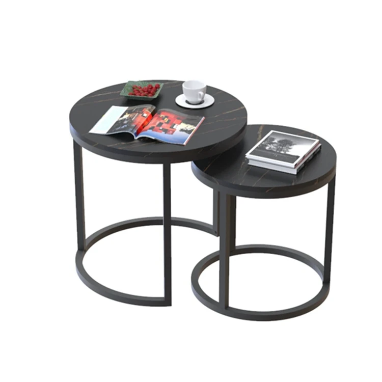 Modern living room luxury stainless steel legs round two wooden nesting center coffee table set