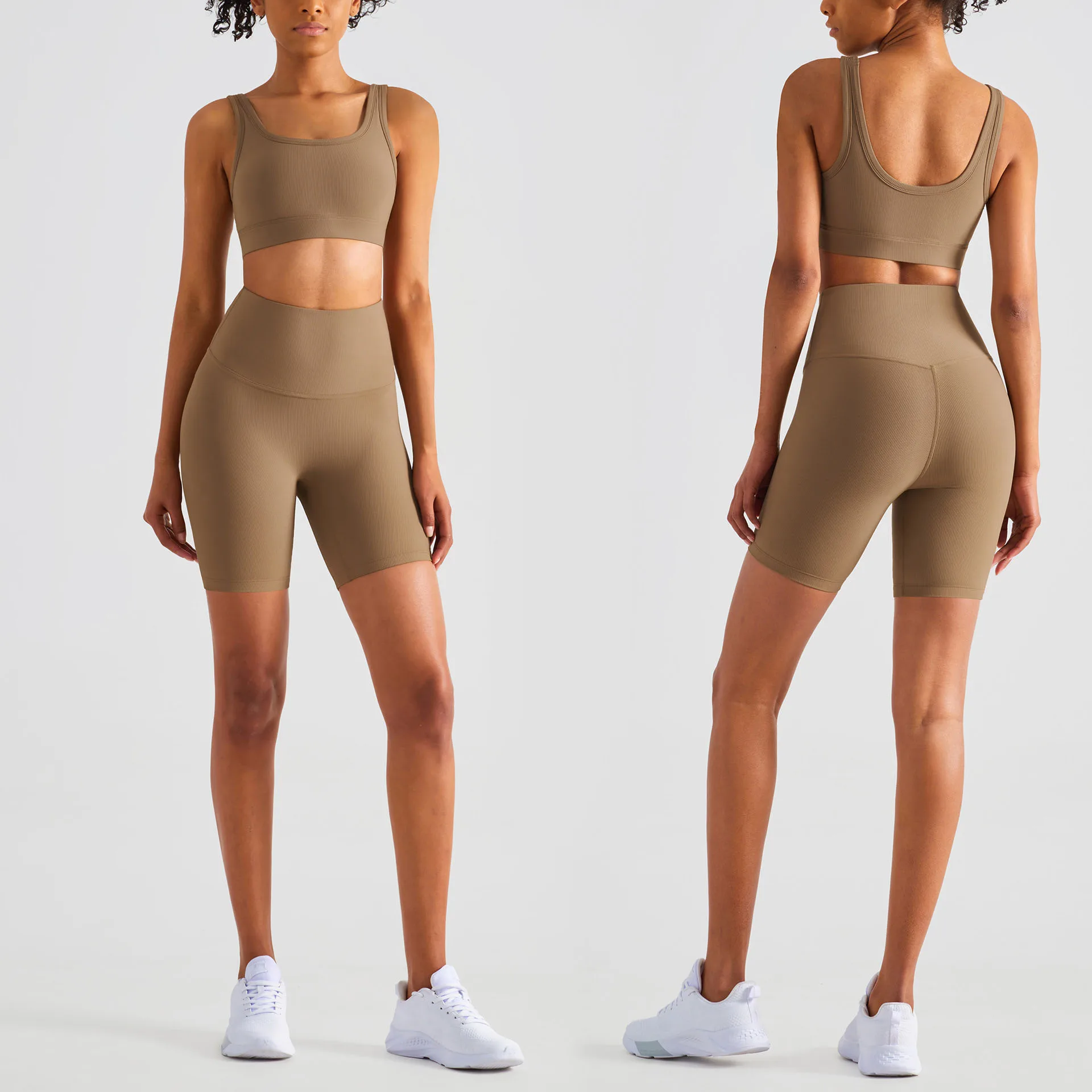 Women Elastic Compression Soft Quick Dry Ribbed Yoga Shorts and Bra Set